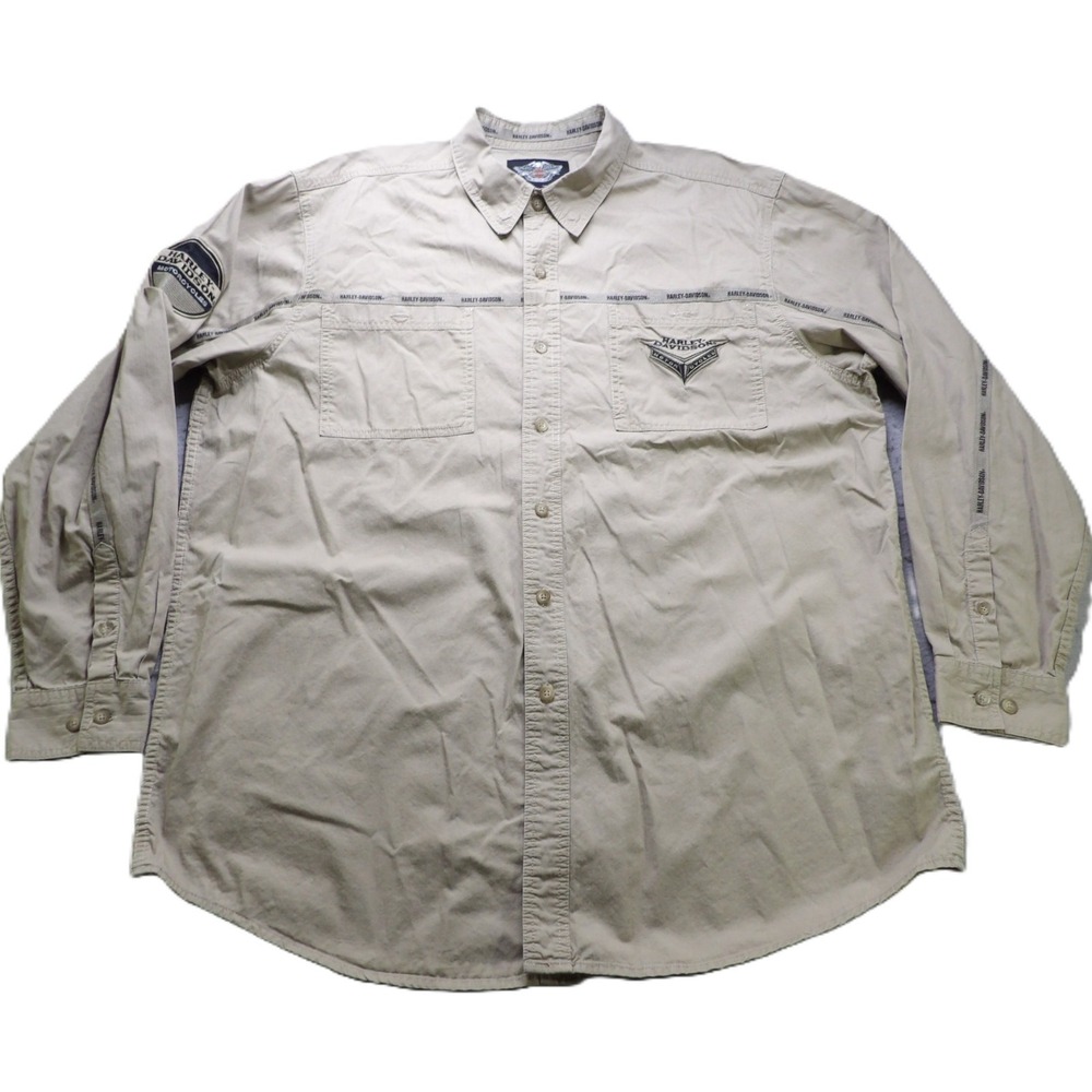 VTG Y2K Harley Davidson Button Down Shirt Men 2XL Tall Beige Long Sleeve Graphic